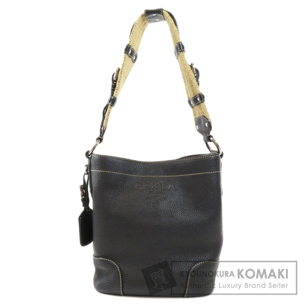 Prada Milano shoulder bag black pebbled leather contrasting woven strap